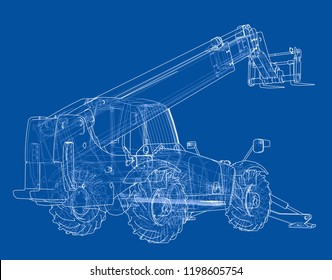 Forklift concept. Vector rendering of 3d. Wire-frame style. The layers of visible and invisible lines are separated