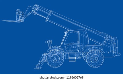 Forklift concept. Vector rendering of 3d. Wire-frame style. The layers of visible and invisible lines are separated