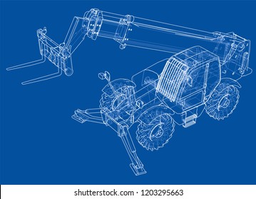 Forklift concept. Vector rendering of 3d. Wire-frame style. The layers of visible and invisible lines are separated