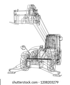 Forklift concept. Vector rendering of 3d. Wire-frame style. The layers of visible and invisible lines are separated