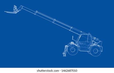 Forklift concept. Vector rendering of 3d. Wire-frame style. The layers of visible and invisible lines are separated
