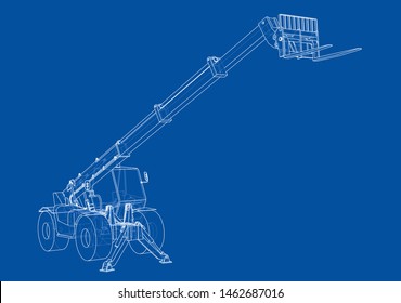 Forklift concept. Vector rendering of 3d. Wire-frame style. The layers of visible and invisible lines are separated