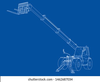 Forklift concept. Vector rendering of 3d. Wire-frame style. The layers of visible and invisible lines are separated