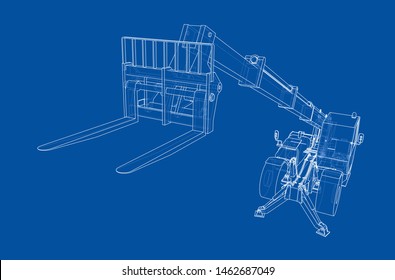 Forklift concept. Vector rendering of 3d. Wire-frame style. The layers of visible and invisible lines are separated