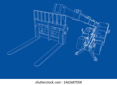 Forklift concept. Vector rendering of 3d. Wire-frame style. The layers of visible and invisible lines are separated