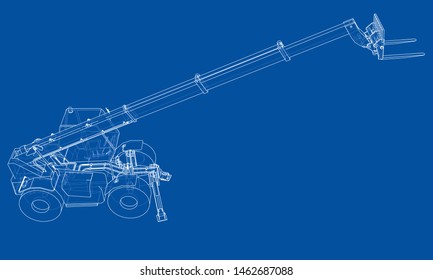 Forklift concept. Vector rendering of 3d. Wire-frame style. The layers of visible and invisible lines are separated