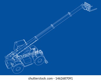 Forklift concept. Vector rendering of 3d. Wire-frame style. The layers of visible and invisible lines are separated