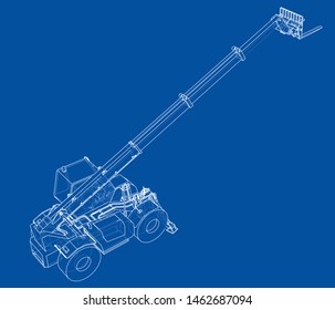 Forklift concept. Vector rendering of 3d. Wire-frame style. The layers of visible and invisible lines are separated