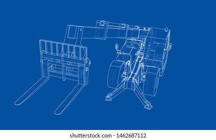 Forklift concept. Vector rendering of 3d. Wire-frame style. The layers of visible and invisible lines are separated