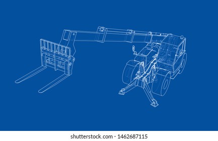 Forklift concept. Vector rendering of 3d. Wire-frame style. The layers of visible and invisible lines are separated