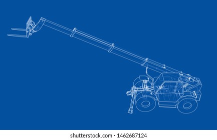Forklift concept. Vector rendering of 3d. Wire-frame style. The layers of visible and invisible lines are separated