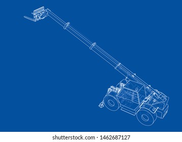 Forklift concept. Vector rendering of 3d. Wire-frame style. The layers of visible and invisible lines are separated