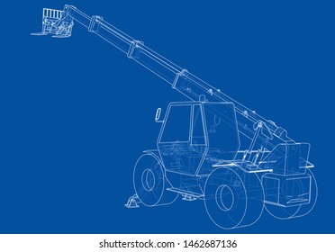 Forklift concept. Vector rendering of 3d. Wire-frame style. The layers of visible and invisible lines are separated