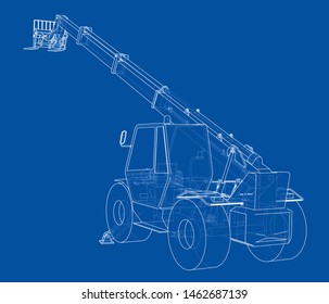 Forklift concept. Vector rendering of 3d. Wire-frame style. The layers of visible and invisible lines are separated