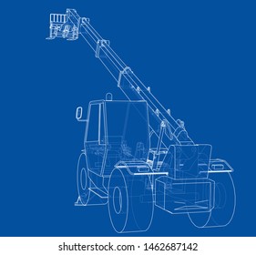 Forklift concept. Vector rendering of 3d. Wire-frame style. The layers of visible and invisible lines are separated