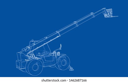 Forklift concept. Vector rendering of 3d. Wire-frame style. The layers of visible and invisible lines are separated