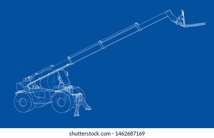 Forklift concept. Vector rendering of 3d. Wire-frame style. The layers of visible and invisible lines are separated