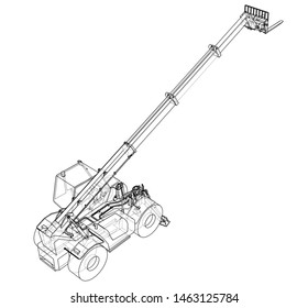 Forklift concept. Vector rendering of 3d. Wire-frame style. The layers of visible and invisible lines are separated