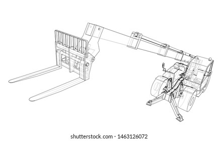 Forklift concept. Vector rendering of 3d. Wire-frame style. The layers of visible and invisible lines are separated