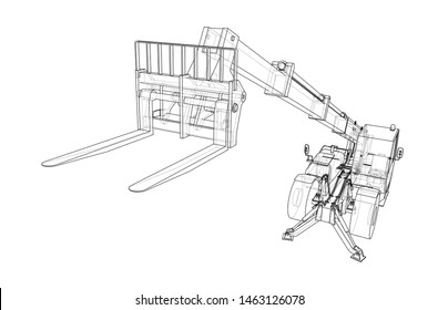 Forklift concept. Vector rendering of 3d. Wire-frame style. The layers of visible and invisible lines are separated