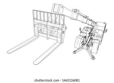 Forklift concept. Vector rendering of 3d. Wire-frame style. The layers of visible and invisible lines are separated