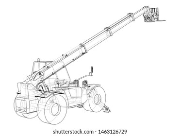 Forklift concept. Vector rendering of 3d. Wire-frame style. The layers of visible and invisible lines are separated