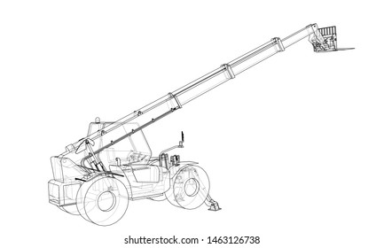 Forklift concept. Vector rendering of 3d. Wire-frame style. The layers of visible and invisible lines are separated