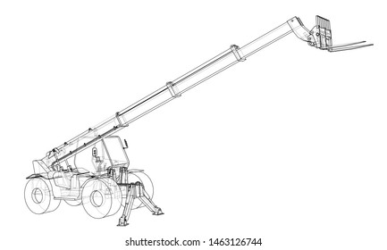 Forklift concept. Vector rendering of 3d. Wire-frame style. The layers of visible and invisible lines are separated