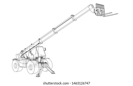 Forklift concept. Vector rendering of 3d. Wire-frame style. The layers of visible and invisible lines are separated