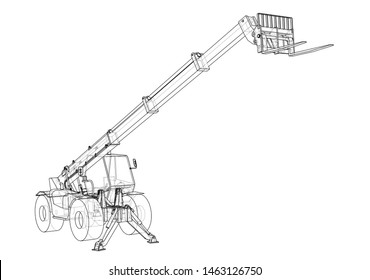 Forklift concept. Vector rendering of 3d. Wire-frame style. The layers of visible and invisible lines are separated