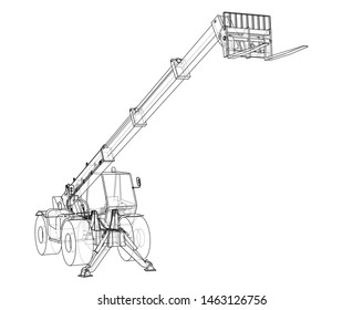 Forklift concept. Vector rendering of 3d. Wire-frame style. The layers of visible and invisible lines are separated