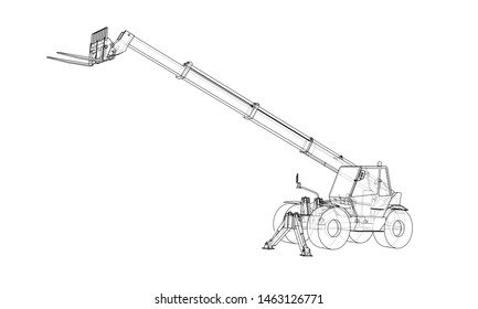 Forklift concept. Vector rendering of 3d. Wire-frame style. The layers of visible and invisible lines are separated