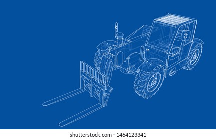 Forklift concept. Vector rendering of 3d. Wire-frame style. The layers of visible and invisible lines are separated