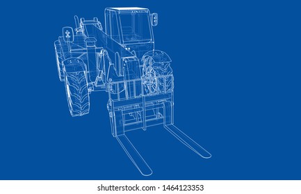 Forklift concept. Vector rendering of 3d. Wire-frame style. The layers of visible and invisible lines are separated