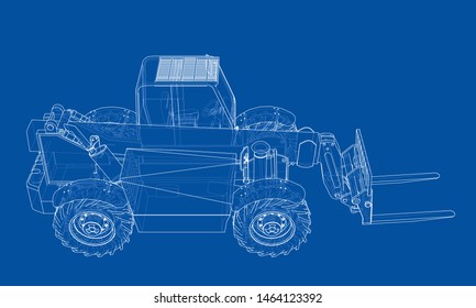 Forklift concept. Vector rendering of 3d. Wire-frame style. The layers of visible and invisible lines are separated