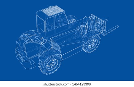 Forklift concept. Vector rendering of 3d. Wire-frame style. The layers of visible and invisible lines are separated