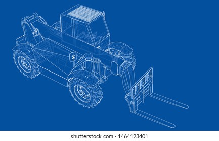 Forklift concept. Vector rendering of 3d. Wire-frame style. The layers of visible and invisible lines are separated