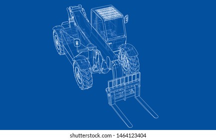 Forklift concept. Vector rendering of 3d. Wire-frame style. The layers of visible and invisible lines are separated