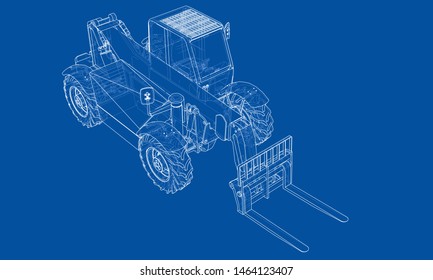 Forklift concept. Vector rendering of 3d. Wire-frame style. The layers of visible and invisible lines are separated