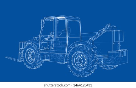 Forklift concept. Vector rendering of 3d. Wire-frame style. The layers of visible and invisible lines are separated