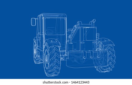 Forklift concept. Vector rendering of 3d. Wire-frame style. The layers of visible and invisible lines are separated