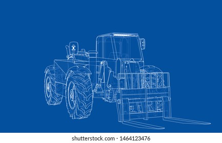 Forklift concept. Vector rendering of 3d. Wire-frame style. The layers of visible and invisible lines are separated