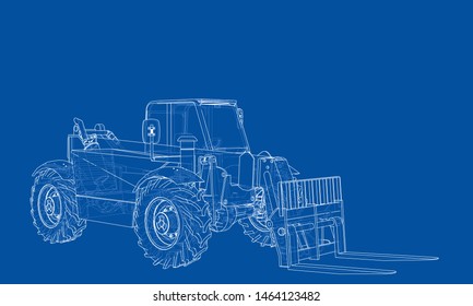 Forklift concept. Vector rendering of 3d. Wire-frame style. The layers of visible and invisible lines are separated