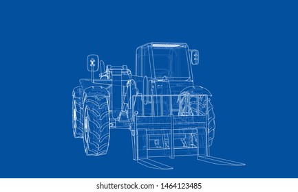 Forklift concept. Vector rendering of 3d. Wire-frame style. The layers of visible and invisible lines are separated