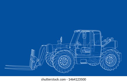 Forklift concept. Vector rendering of 3d. Wire-frame style. The layers of visible and invisible lines are separated