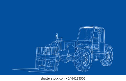 Forklift concept. Vector rendering of 3d. Wire-frame style. The layers of visible and invisible lines are separated