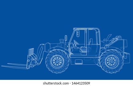 Forklift concept. Vector rendering of 3d. Wire-frame style. The layers of visible and invisible lines are separated