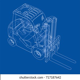 Forklift concept. Vector rendering of 3d. Wire-frame style. The layers of visible and invisible lines are separated