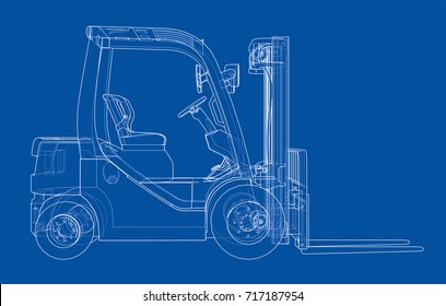 Forklift concept. Vector rendering of 3d. Wire-frame style. The layers of visible and invisible lines are separated
