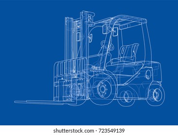 Forklift concept. Vector rendering of 3d. Wire-frame style. The layers of visible and invisible lines are separated